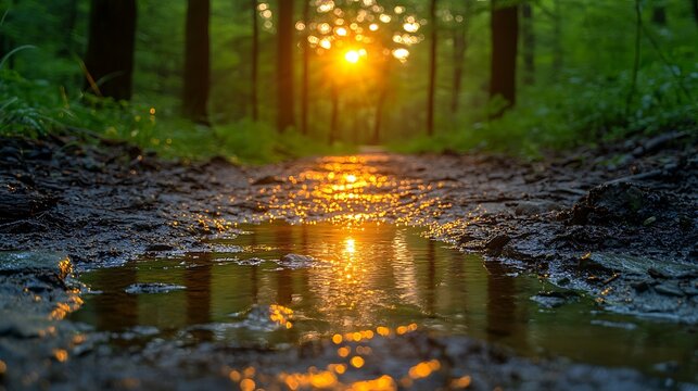 Forest path puddle sunlight