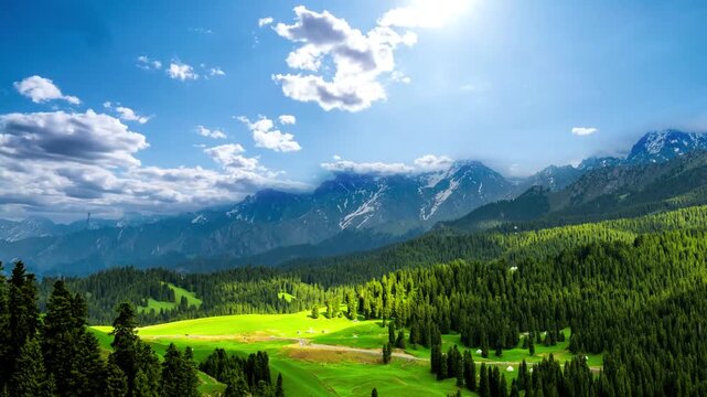 Stunning aerial time-lapse of Xinjiang's grassland, river, snow mountain, waterfall, cloud sea, and highway, showcasing breathtaking natural beauty