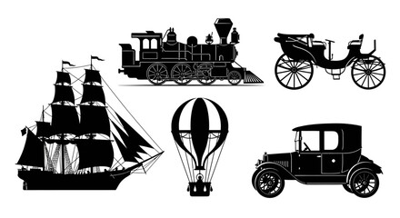 Obraz premium Vintage Transportation Icons: Sailboat, Train, Hot Air Balloon, Carriages, and Automobile