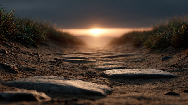 Dirt path sunset horizon grass sand stone trail landscape nature twilight evening rugged rough empty low angle outdoor scenic earth path travel rural remote calm serene dramatic backlight glow