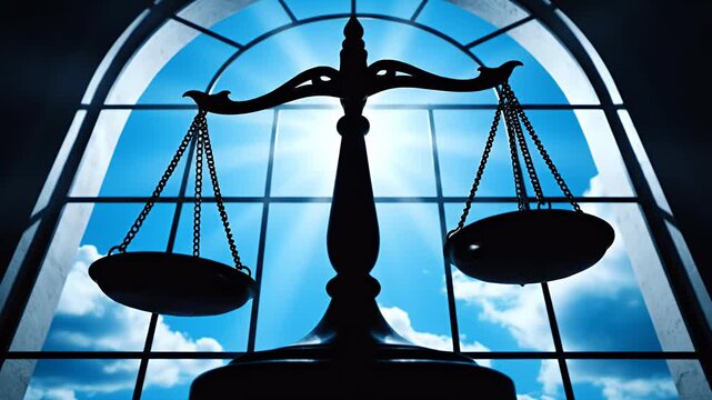 A silhouetted scale of justice stands prominently against a bright blue sky framed by an arched window, symbolizing fairness and legal proceedings.
