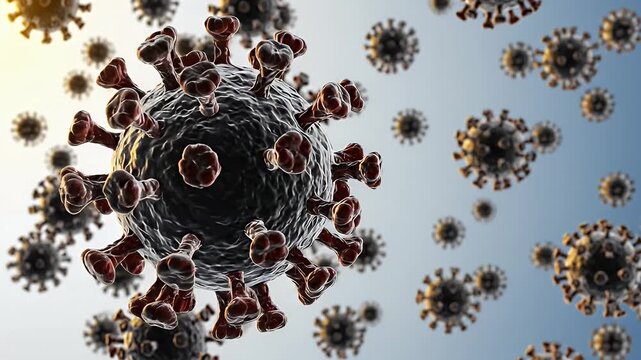 Floating Coronavirus Cells In Microscopic View Against A Light Blue Sky Background