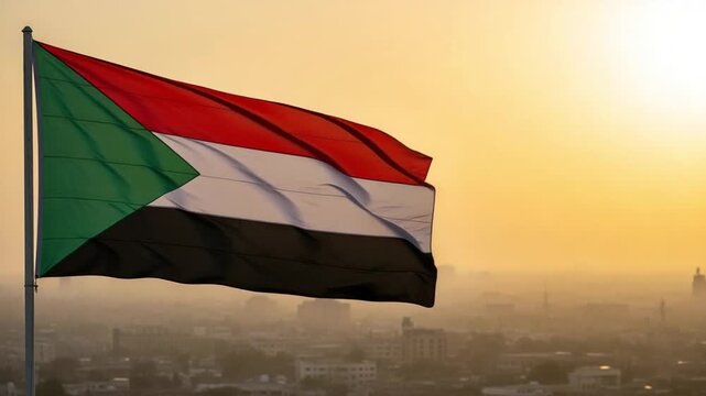 Sudanese National Flag Waving Over City Skyline at Sunset, Patriotism and National Identity