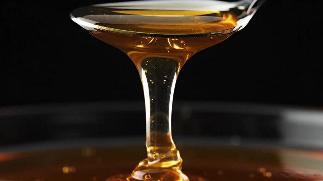 Golden Organic Honey Dripping from a Silver Spoon Macro Shot Against a Dark Background