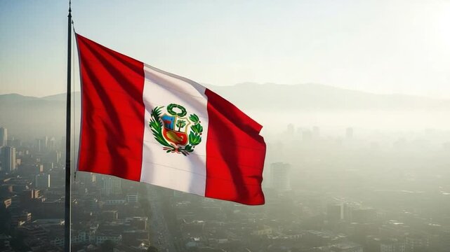 National flag of Peru with coat of arms flying over misty urban cityscape for independence day