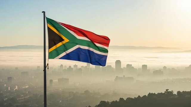 South African flag waving over a misty city skyline at sunrise for national unity and growth