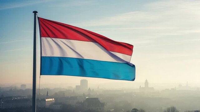 Luxembourg National Flag Waving Over Misty European City Skyline at Sunrise