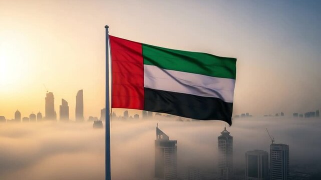 National Flag Waving Over Foggy Modern City Skyline During Sunrise Celebration