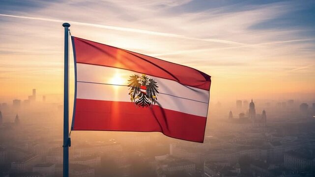 Austrian State Flag with Coat of Arms at Sunrise over European Cityscape