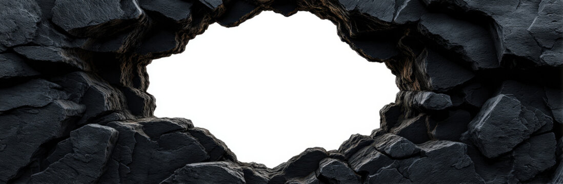 Dark rock hole background with white center space and rough cave texture