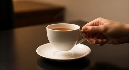 Fototapeta premium Hand Holding a White Cup of Coffee on a Saucer.