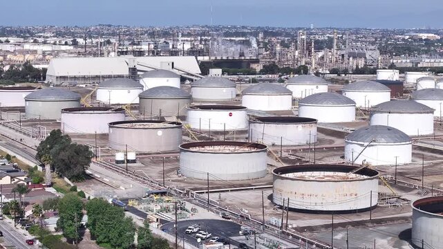 Elevated Aerial of PBF Torrance Refinery Petroleum Storage Tanks