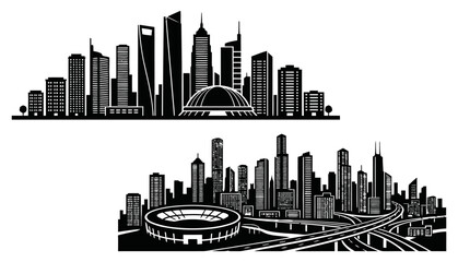 Fototapeta premium Futuristic city skyline with stadium dome and complex highway road intersections.