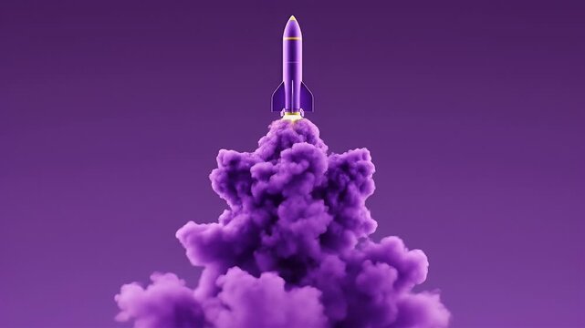 A vibrant purple rocket launches amidst a cloud of smoke against a solid purple backdrop, symbolizing innovation and space exploration.