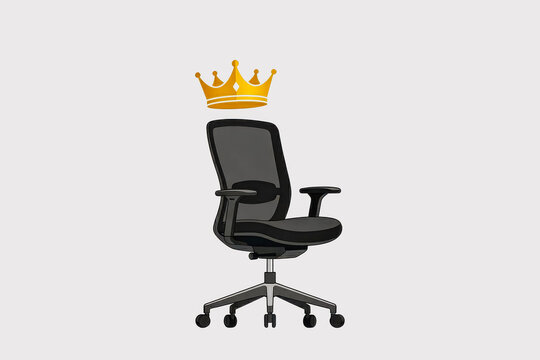 Black ergonomic office chair with golden crown illustration