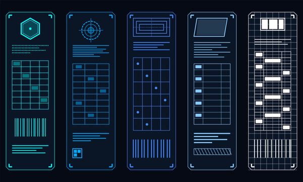 Hand-drawn set of five vertical futuristic sci-fi user interface panels with blue digital data illustration