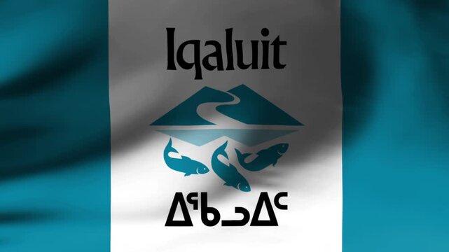 Waving Flag of Iqaluit City Nunavut Canada Close-up Real Time Loop