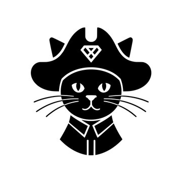 Pirate cat logo with bicorn hat and diamond symbol.