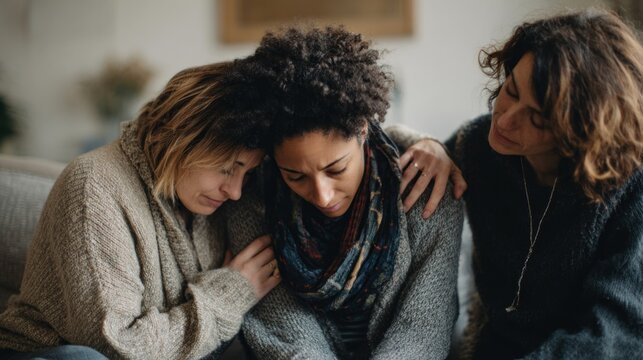 Three women share a moment of emotional support, showcasing compassion and connection in a cozy setting.