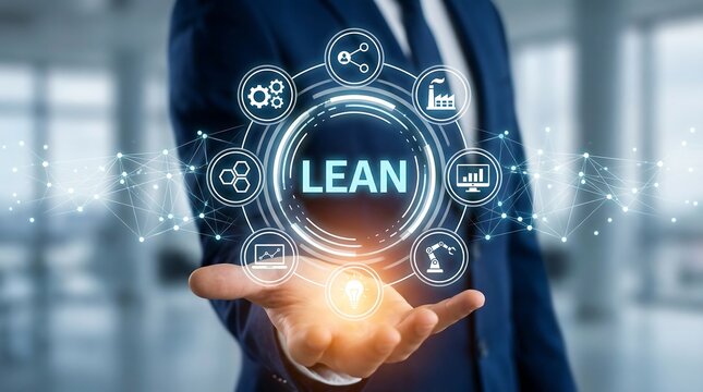 Professional businessman showing virtual Lean management system for optimizing business processes and industrial operations.