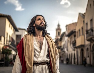 Fototapeta premium Jesus Christ walking through an ancient city street, looking upwards with hope and faith.