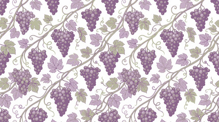 Fototapeta premium Seamless Vintage Purple Grape Pattern with Elegant Vines and Botanical Leaves on White Background for Wine Label Design Textile Fabric and Wallpaper Decor Art