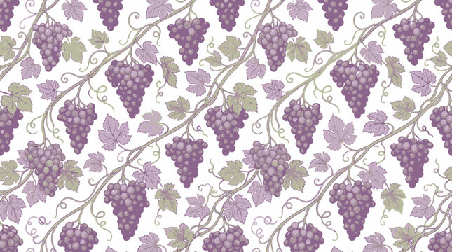 Seamless Vintage Purple Grape Pattern with Elegant Vines and Botanical Leaves on White Background for Wine Label Design Textile Fabric and Wallpaper Decor Art