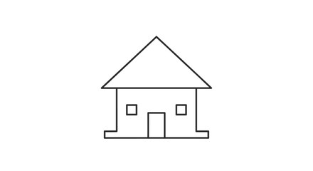 Fototapeta premium A simple, minimalist line drawing of a house with a triangular roof, two windows, and a door, set against a white background.