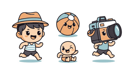 Fototapeta premium Adorable Cartoon Characters Enjoying Summer Fun with Beach Ball and Camera.