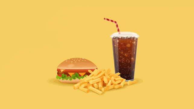A classic fast food meal featuring a hamburger, golden french fries, and a refreshing soda drink on a plain yellow background.