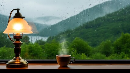 Obraz premium Cozy Rainy Day Scene with Lamp and Coffee Overlooking Misty Mountains.