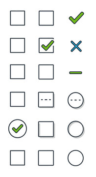 Collection of UI icons depicting various states of checkboxes, radio buttons, and selection indicators for user interfaces.