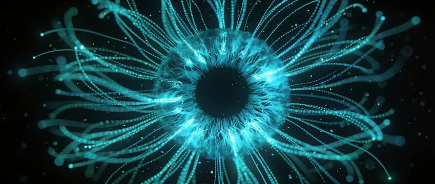Abstract iris glowing cyber eye neon blue swirl particle technology vortex digital wave energy stream future vision mesmerizing swirling cyber circle vortex with neon blue light particle technology
