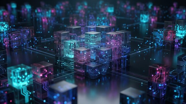 Abstract visualization of a digital networked environment showcasing data governance and secure data architecture via a glowing cube grid.