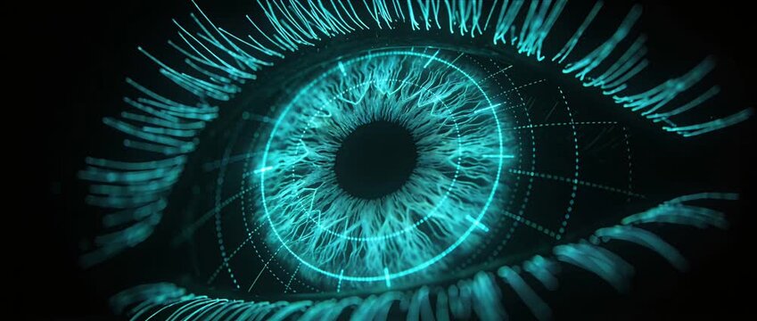 Futuristic iris digital eye cyber eye neon light blue glow virtual reality sci fi technology biometric abstract vision futuristic iris technology cyber eye closeup glowing blue retina pattern digital