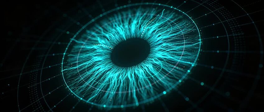 Futuristic iris cyber technology neon blue digital abstract eye network glowing pattern sci fi interface vision concept with cyber eye blue light neural network data flow and cyberpunk neon