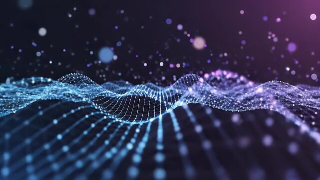 A futuristic abstract visualization depicts a glowing blue and purple network of interconnected points and lines against a dark, speckled background, suggesting data flow and digital connectivity.