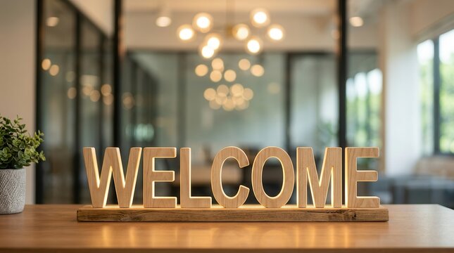 This 'welcome' sign on a modern office desk signifies a friendly and efficient new employee onboarding process.