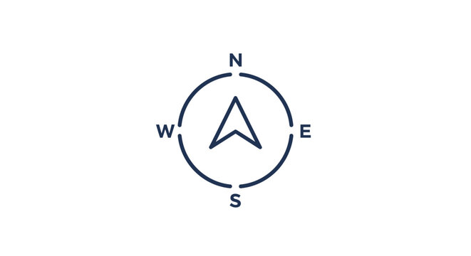 Simple compass rose icon with cardinal directions N, S, E, W and an arrow pointing North within a circular design on a white background.