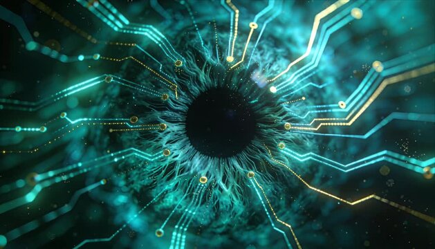 Abstract iris cyber eye circuit digital board artificial intelligence neural network data flow technology future vision glowing data innovation sci fi vision concept futuristic connection pattern