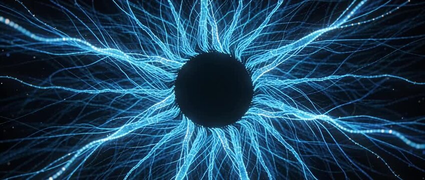 Abstract iris blue line digital wave light energy glowing pattern radial design futuristic background neural network particle flow technology pattern motion graphic cyber wave electric wave cyber