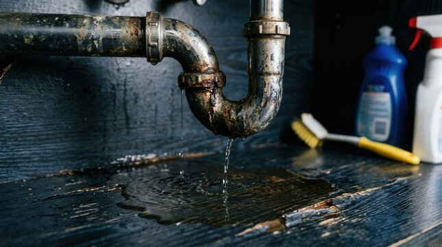 The urgent need for plumbing service is evident from a corroded pipe and substantial water accumulation under a sink.
