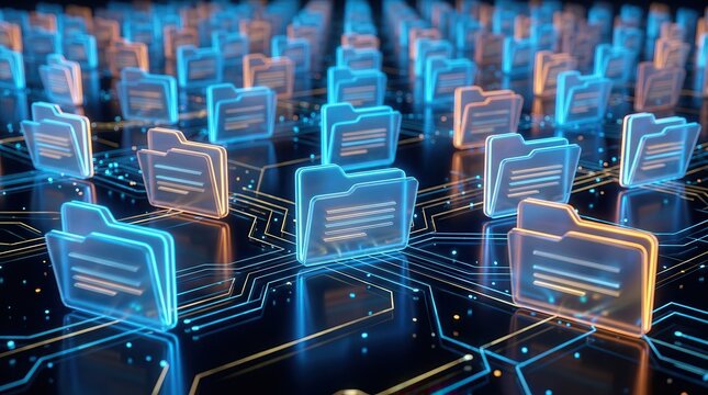 Networked nodes showcasing futuristic digital file icons for efficient file synchronization and advanced storage management.