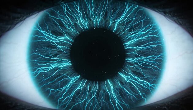 Futuristic blue eye iris pupil electric lightning glow macro abstract energy cyber eye digital iris with electric vein pattern blue light sci fi technology future vision fantasy surreal closeup detail