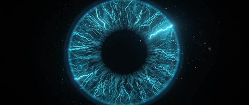 Futuristic electric eye with blue iris glowing ring and energy circle sci fi digital art abstract neon light cyber concept blue energy power spark lightning glow lens ring cyberpunk design video