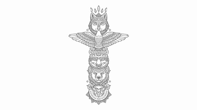 Intricate black and white illustration of a stylized totem pole featuring various animal spirits like wolf, eagle, and bears, with detailed patterns.