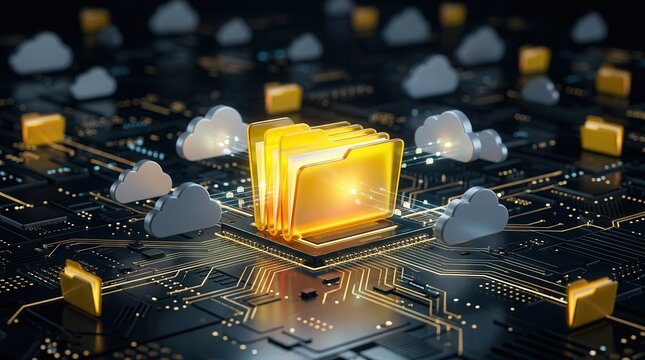 Depiction of cloud data synchronization and file migration, with glowing folder icons interacting across a complex circuit board.
