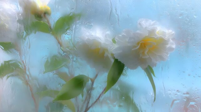 White Flowers Behind Rain-Streaked Glass