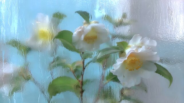 White Flowers Behind Rain-Streaked Glass