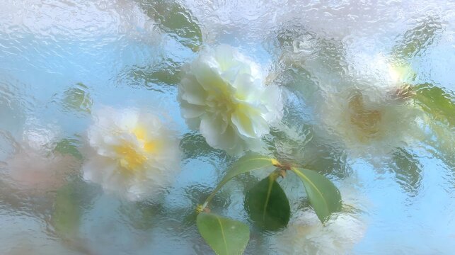 White Flowers Behind Rain-Streaked Glass